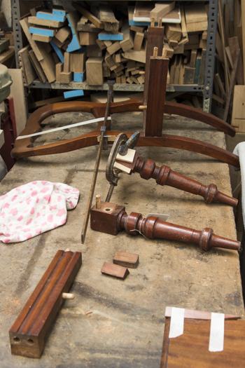 Parts of an antique chair being restored by John Hamblin